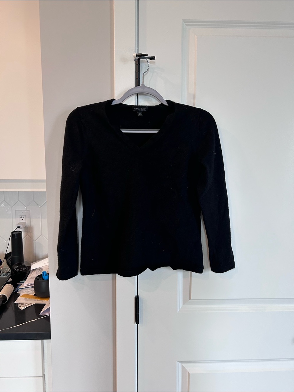 Lord & Taylor Black Merino Wool V-Neck Sweater Classic Knit Everyday Layering
